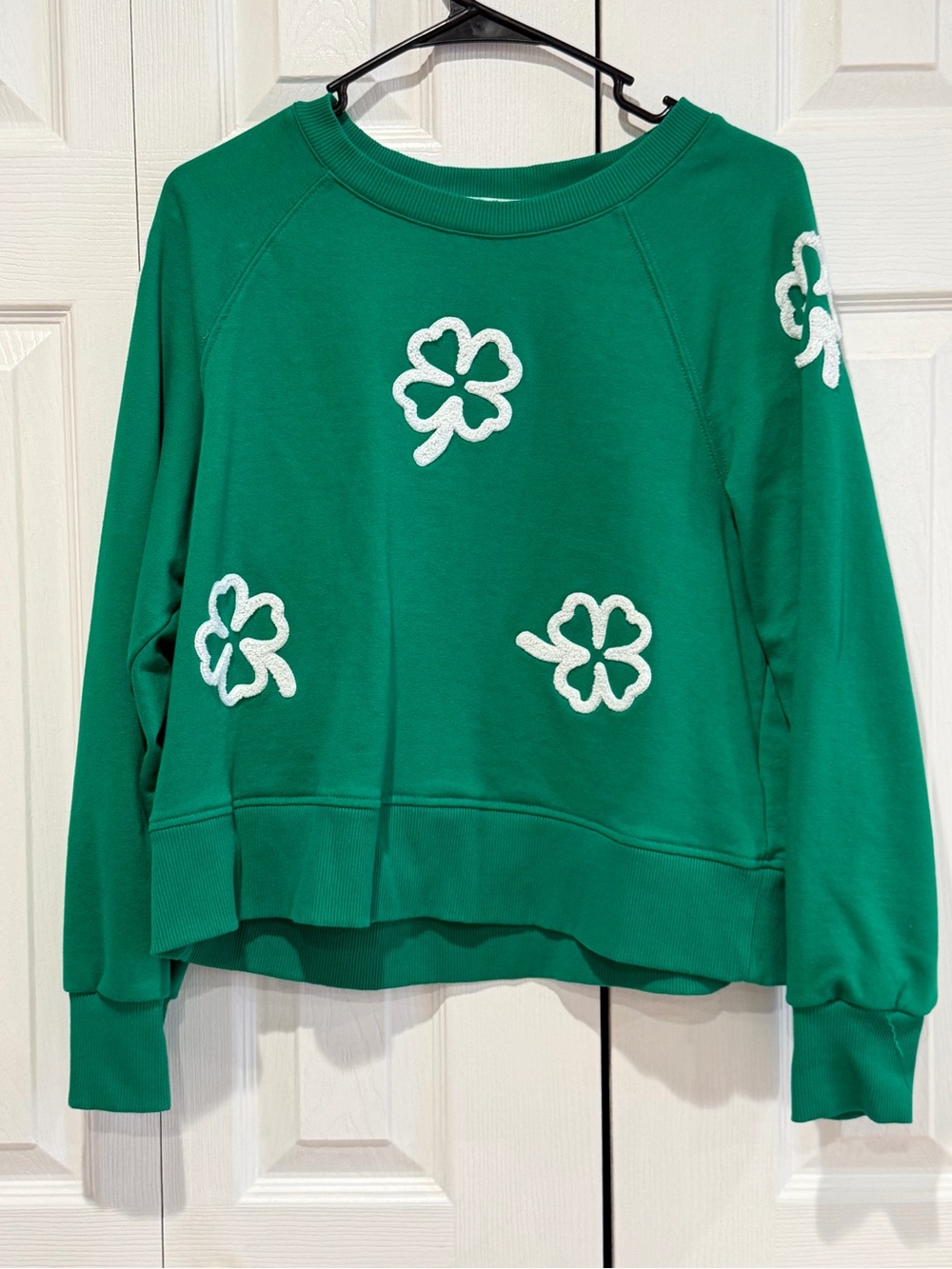 Jane and Delancey Green Crewneck Sweater with White Clover Appliqués